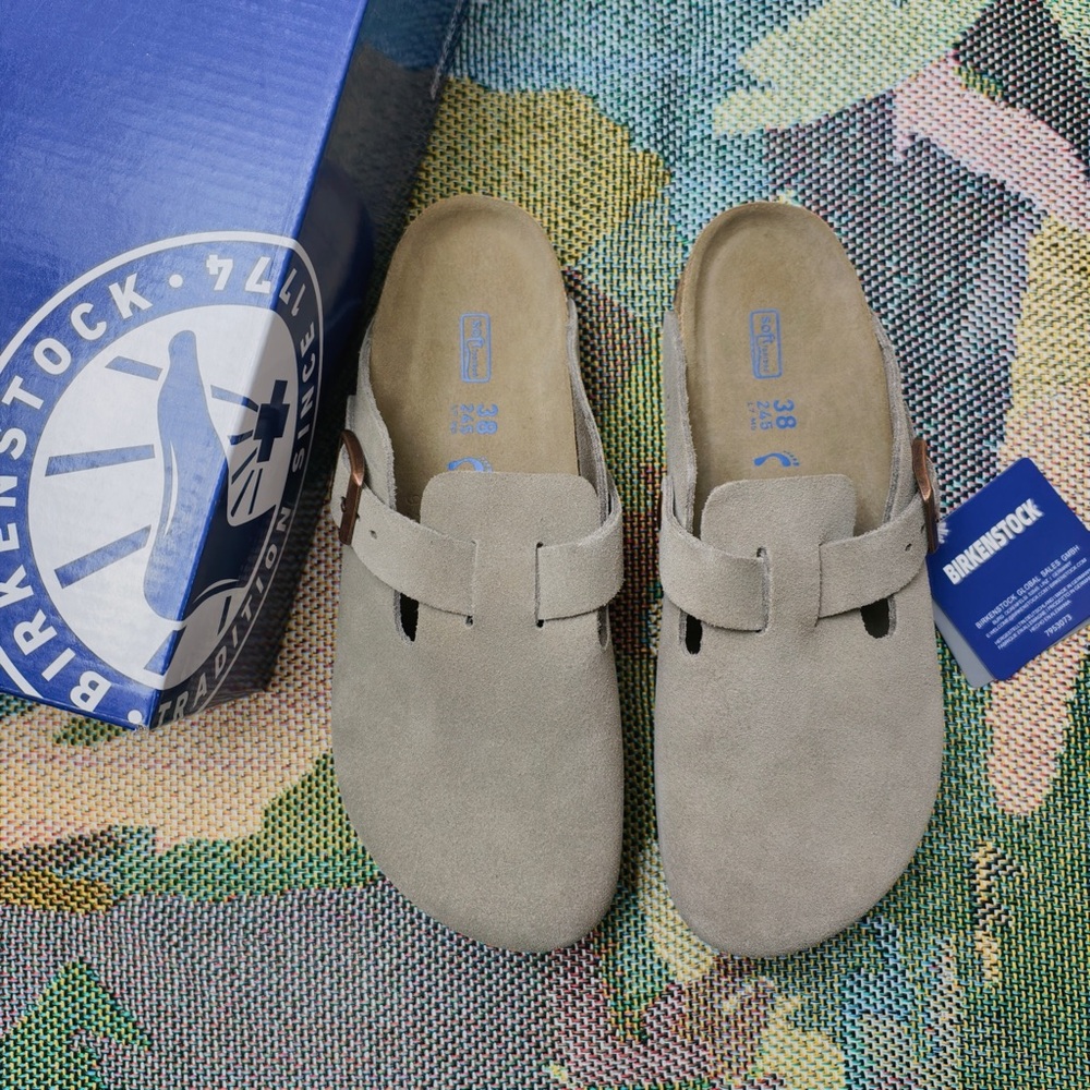 Women's Taupe Suede Birkenstock Boston Shoes - Narrow Fit